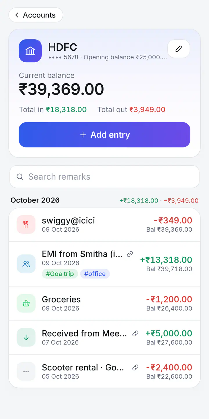An HDFC bank account's passbook: the current balance with totals in and out, an Add entry button, and October's entries with the running balance after each one.