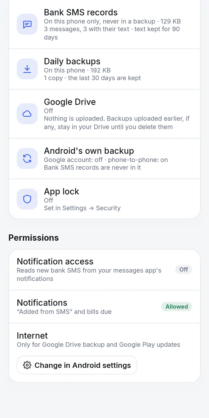 The Privacy screen's list of what's stored where: bank SMS records kept on the phone only and never in a backup, daily backups, Google Drive switched off, Android's own backup and app lock, followed by the permissions in use.